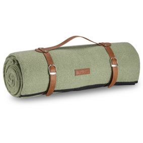 VonShef Picnic Blanket, Green Herringbone Weatherproof Picnic Rug, w/ Faux Leather Carry Handle, Blanket & Travel Mat, 200 x 220cm