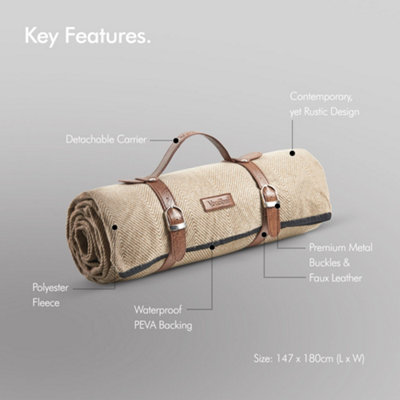VonShef Picnic Blanket, Large Beige Outdoor Rug with Waterproof Back, 4 Person Weatherproof Mat with Faux Handle, Water Resistant