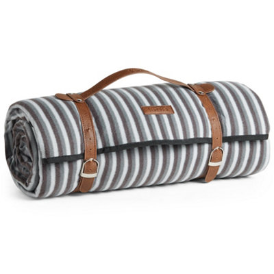 VonShef Picnic Blanket, Large Outdoor Striped Picnic Blanket with Waterproof Lining and Faux Leather Carrier Handle, 200 x 220cm