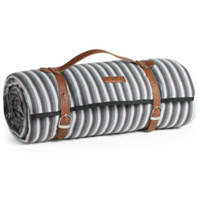 VonShef Picnic Blanket, Large Outdoor Striped Picnic Blanket with Waterproof Lining and Faux Leather Carrier Handle, 200 x 220cm
