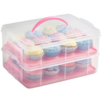 VonShef Pink Cupcake Carrier w/Handle, 36 Muffin Stackable Cake Caddy, 3 Tier Bake Holder, Snap & Stack Design, Plastic Carry Box