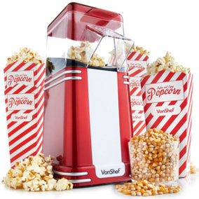 VonShef Popcorn Machine Retro, 1200W Popcorn Maker with Hot Air Circulation, One Touch Popcorn Popper for Kids w/ 6 Boxes, Red
