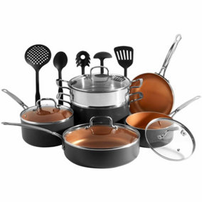 VonShef Pots & Pans Set, 11Pc Induction Safe, Non-Stick Saucepan & Frying Pans with Kitchen Utensils & Glass Lids