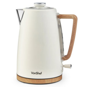 VonShef Rapid Boil Kettle, 1.7L Matte Cream and Wood Effect 3000W, Boil Dry Protection, Cord Storage and 360 Degree Swivel Base