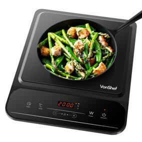VonShef Single Induction Hob, 2000W Portable Induction Cooker w/LED Touch Display, 3 Hour Timer, 10 Heat Settings, Black