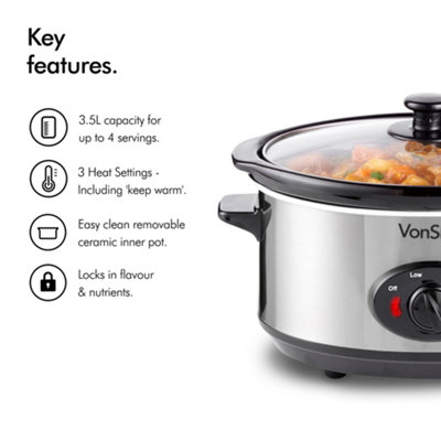 VonShef Slow Cooker 3.5L, Removable Oven to Table Dish, Lid & 3 Heat Settings, Keep Warm Function for Stews & Curries, Silver