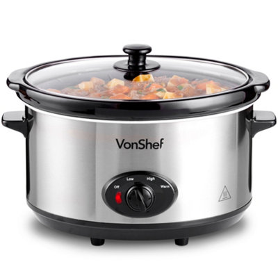 VonShef Slow Cooker 6.5L, Removable Oven to Table Dish, Lid & 3 Heat Settings, Keep Warm Function for Stews & Curries, Silver