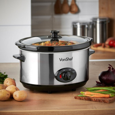 VonShef Slow Cooker 6.5L, Removable Oven to Table Dish, Lid & 3 Heat Settings, Keep Warm Function for Stews & Curries, Silver