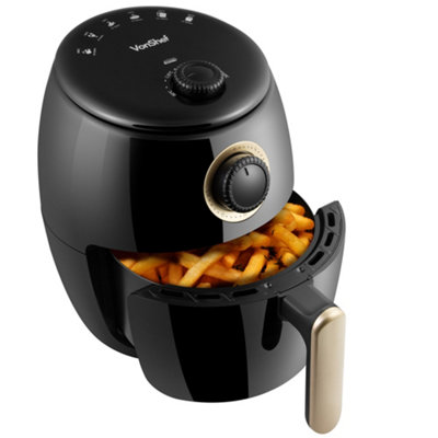 VonShef Small Air Fryer 2L, Airfryer for 1 to 2 Portions, 1000W, 30m Timer, 80 - 200 Degrees, Non-Stick Basket, Auto Off, Black