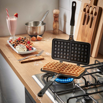 VonShef Stove Top Waffle Iron, Dual Head Die-Cast Aluminium Waffle Maker, Non-Stick Mould w/ Stay Cool Grip & No-Leak Close Latch