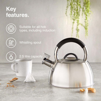VonShef Whistling Stove Top Kettle Induction Safe Stainless Steel w Silver Finish Suitable for All Hob
