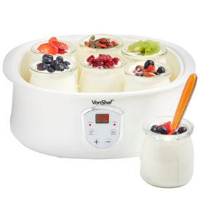 VonShef Yoghurt Maker Machine with 7 x 200ml Glass Jars & Lids LCD Display & Timer Easy Cleaning & Simple Operation White