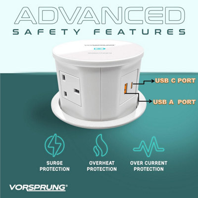 VORSPRUNG Automatic Retractable Pop Up Socket - Fast, Qi Wireless Charger, 3x UK Plug, 1x USB A, 1x USB C - Home, Kitchen, Office
