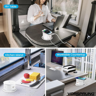 VORSPRUNG Automatic Retractable Pop Up Socket - Fast, Qi Wireless Charger, 3x UK Plug, 1x USB A, 1x USB C - Home, Kitchen, Office