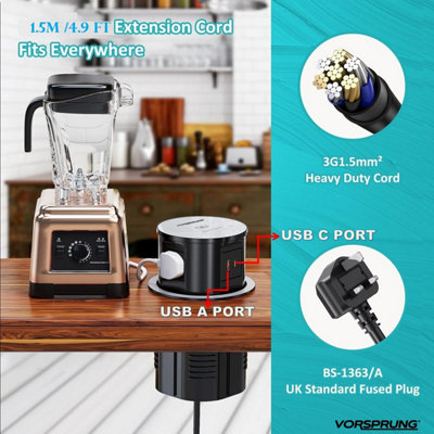 VORSPRUNG Automatic Retractable Pop Up Socket - Fast, Qi Wireless Charger, 3x UK Plug, 1x USB A, 1x USB C - Home, Kitchen, Office