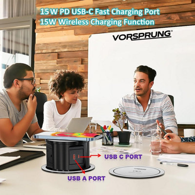 VORSPRUNG Automatic Retractable Pop Up Socket - Fast, Qi Wireless Charger, 3x UK Plug, 1x USB A, 1x USB C - Home, Kitchen, Office