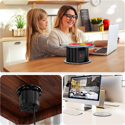 VORSPRUNG Automatic Retractable Pop Up Socket - Fast, Qi Wireless Charger, 3x UK Plug, 1x USB A, 1x USB C - Home, Kitchen, Office