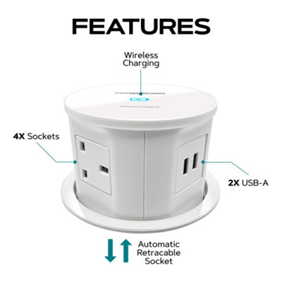 VORSPRUNG Automatic Retractable Pop Up Socket - Fast, Qi Wireless Charger, 4x UK Plug, 2x USB A - Home, Kitchen, Office