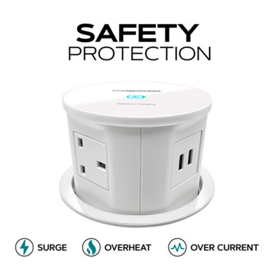 VORSPRUNG Automatic Retractable Pop Up Socket - Fast, Qi Wireless Charger, 4x UK Plug, 2x USB A - Home, Kitchen, Office