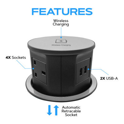 VORSPRUNG Automatic Retractable Pop Up Socket - Fast, Qi Wireless Charger, 4x UK Plug, 2x USB A - Home, Kitchen, Office