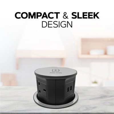 VORSPRUNG Automatic Retractable Pop Up Socket - Fast, Qi Wireless Charger, 4x UK Plug, 2x USB A - Home, Kitchen, Office