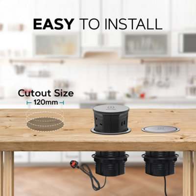 VORSPRUNG Automatic Retractable Pop Up Socket - Fast, Qi Wireless Charger, 4x UK Plug, 2x USB A - Home, Kitchen, Office