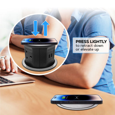VORSPRUNG Automatic Retractable Pop Up Socket - Fast, Qi Wireless Charger, 4x UK Plug, 2x USB A - Home, Kitchen, Office