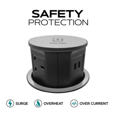 VORSPRUNG Automatic Retractable Pop Up Socket - Fast, Qi Wireless Charger, 4x UK Plug, 2x USB A - Home, Kitchen, Office