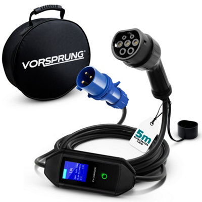 Vorsprung Commando CEE Plug to Type 2 32amp 7.4kW Portable EV Charger - Fast Charge Commando Socket - 5 Metres - Free Storage Bag