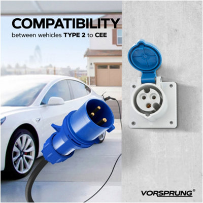 Vorsprung Commando CEE Plug to Type 2 32amp 7.4kW Portable EV Charger ...