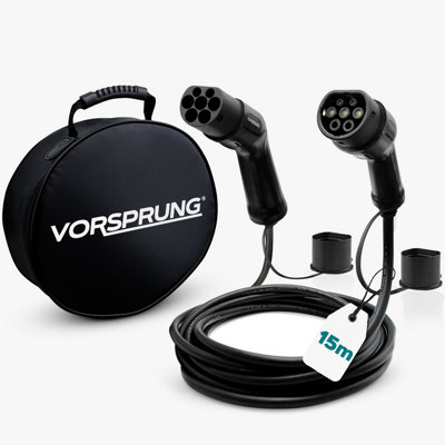 VORSPRUNG Fast EV Charging Cable - Type 2 to Type 2, 32A 7.6kW, High Quality, IP65, Free Storage Bag - 15 Meters