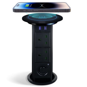 Vorsprung Motorised Retractable Pop Up Sockets w/ Bluetooth Speaker + Wireless Charging Pad + 2x USB Ports + 2x UK Plug (Black)