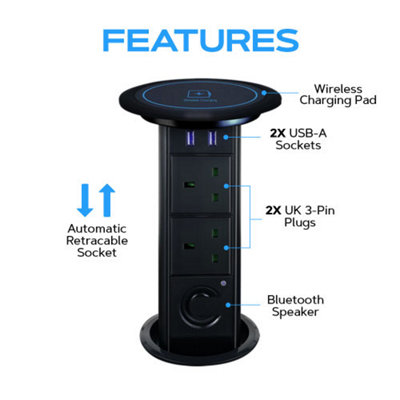 Vorsprung Motorised Retractable Pop Up Sockets w/ Bluetooth Speaker + Wireless Charging Pad + 2x USB Ports + 2x UK Plug (Black)
