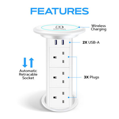 Vorsprung Motorised Retractable Pop Up Sockets w/ QI Wireless Charging Pad + 2x USB Ports + 3x UK Plugs