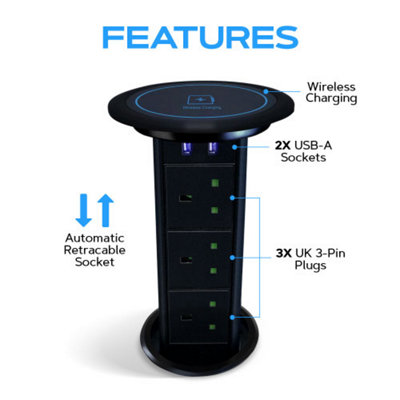 Vorsprung Motorised Retractable Pop Up Sockets w QI Wireless