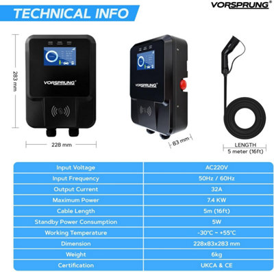 Vorsprung Oasis - EV Wall Charger with RFID & LCD Display - 32A/7.4kW - 5-Metre Type 2 Tethered Cable - 5