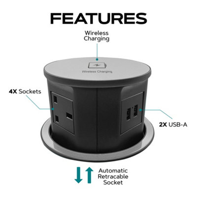 Vorsprung Retractable Pop Up Power Socket for Home and Office, 4x UK Plugs + 2x USB + Fast Wireless Charging (Pack of 2 Black)