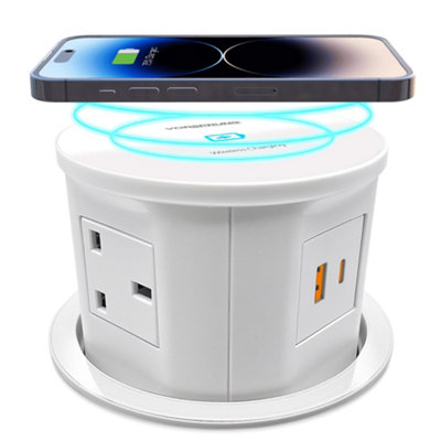 Vorsprung Retractable Pop Up Power Sockets, 4x UK Plugs, 2x USB A & 1x USB C Ports, Perfect for Kitchen worktops & Desk