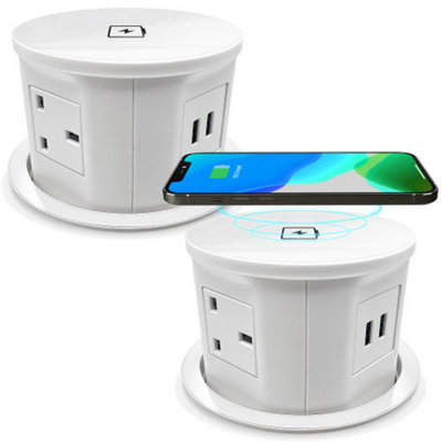 Vorsprung Retractable Pop Up Power Sockets for Home and Office, 4x UK Plug + 2x USB + Fast Wireless Charging (Pack of 2, White)