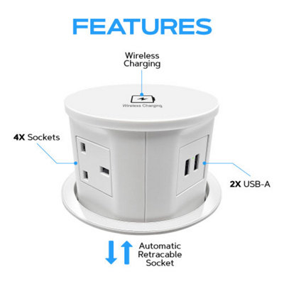 Vorsprung Retractable Pop Up Power Sockets for Home and Office, 4x UK Plug + 2x USB + Fast Wireless Charging (Pack of 2, White)