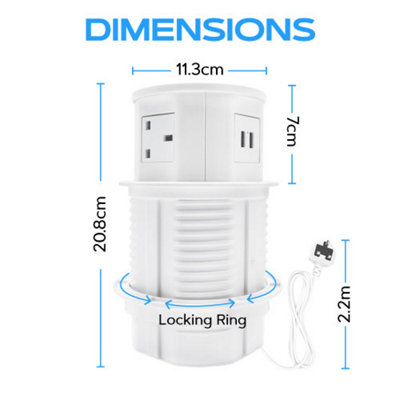 Vorsprung Retractable Pop Up Power Sockets for Home and Office, 4x UK Plug + 2x USB + Fast Wireless Charging (Pack of 2, White)