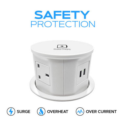 Vorsprung Retractable Pop Up Power Sockets for Home and Office, 4x UK Plug + 2x USB + Fast Wireless Charging (Pack of 2, White)