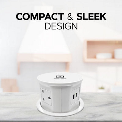 Vorsprung Retractable Pop Up Power Sockets for Home and Office, 4x UK Plug + 2x USB + Fast Wireless Charging (Pack of 2, White)