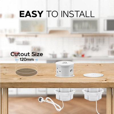 Vorsprung Retractable Pop Up Power Sockets for Home and Office, 4x UK Plug + 2x USB + Fast Wireless Charging (Pack of 2, White)