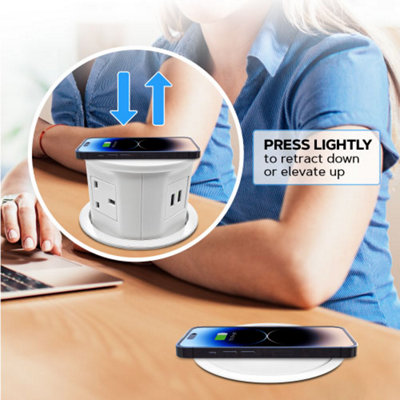 Vorsprung Retractable Pop Up Power Sockets for Home and Office, 4x UK Plug + 2x USB + Fast Wireless Charging (Pack of 2, White)