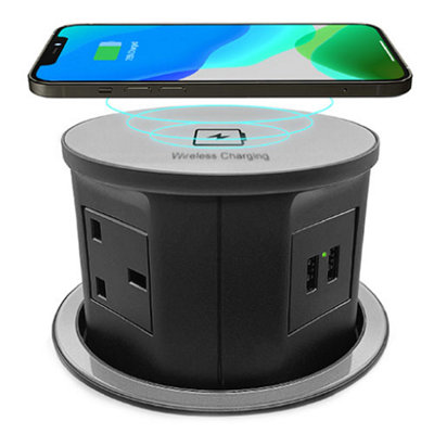 Vorsprung Retractable Pop Up Power Sockets, Perfect  for Home and Office - 4x UK Plug + 2x USB + Fast Wireless Charging Pad