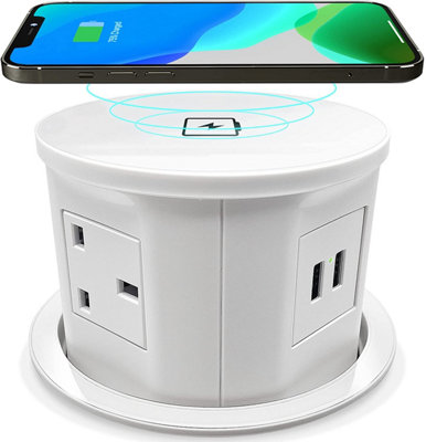 Vorsprung Retractable Pop Up Power Sockets, Perfect  for Home and Office - 4x UK Plug + 2x USB + Wireless Charging Pad