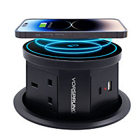 Vorsprung Retractable Pop Up Socket w/ QI Wireless Charging Pad - 3x UK Plugs + 1x USB-A + 1x USB-C