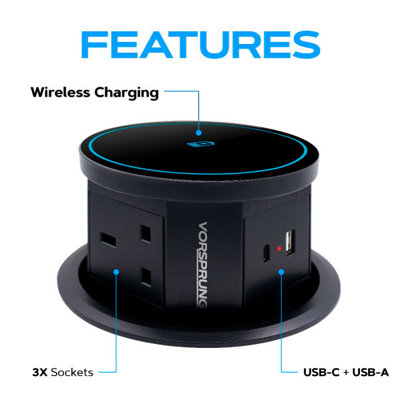 Vorsprung Retractable Pop Up Socket with Fast Wireless Charging Pad - 3x UK Plugs + 1x USB-A + 1x USB-C