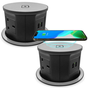 Vorsprung Retractable Pop Up Sockets (Pack of 2) - 4x UK Plug + 2x USB + Fast Wireless Charging Pad (Black)